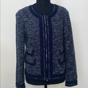 EUC Talbots Petites Navy & White Full Zip Sweater